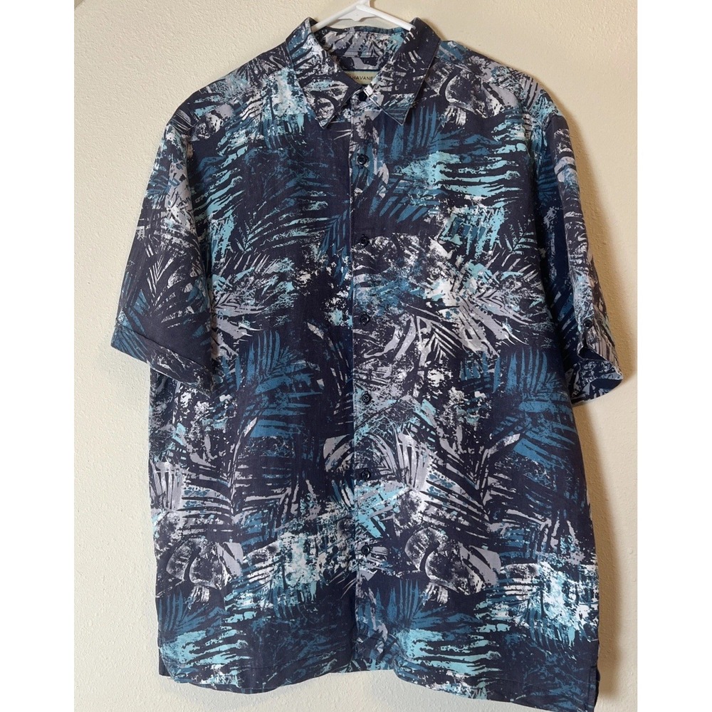 Havanera Tropical Button Front Shirt Men's L Blue Abstract Palm Linen Blend
